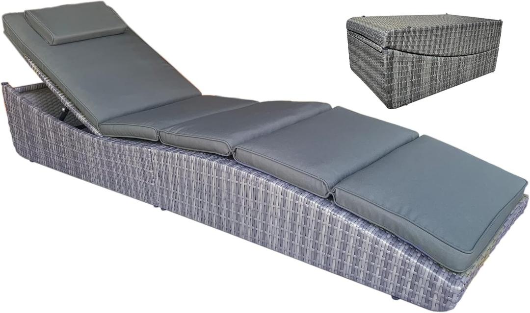 Foldable Outdoor Chaise Pool Lounge Chair Folding Wicker Rattan Sun Bed Patio Couch Reclining Lounger Adjustable Padded Backrest Pillow Assembled - Grey