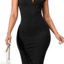 SxClub Black Dress for Women Sexy Elegant V Neck Cap Sleeve Bodycon Pencil Office Dresses for Cocktail Party with Zipper(Medium)