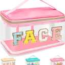 Chenille Letter Clear Makeup Bags Face Pouch, Preppy Patch Makeup Bag Zipper with Handle, Transparent PVC & Nylon Waterproof Glitter Cosmetic Handbag Travel Toiletry Storage for Women Girl(FACE-Pink)