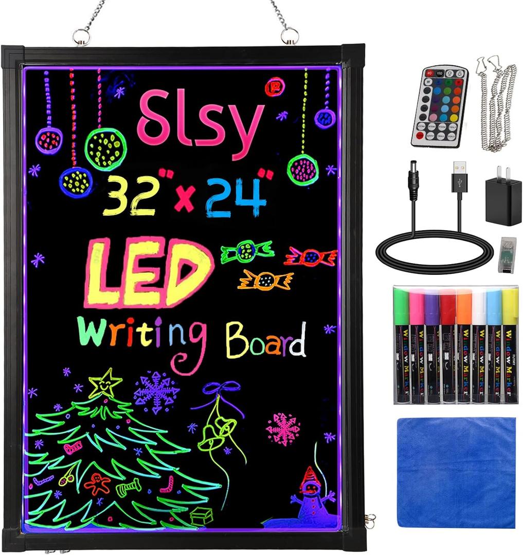 Slsy Illuminated LED Message Writing Board Erasable Neon Effect Menu Sign Board with 8 Fluorescent Makers, 12Colors Flashing Modes, Remote Control Message Board (28"X20")