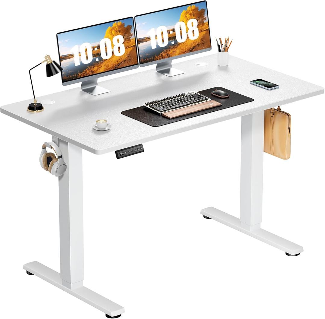 Sweetcrispy Electric Standing Desk Adjustable Height, 48x24 Inch Sit Stand Up Home Office Desks Computer Workstation PC Work Table with 3 Memory Preset Splice Wood Board Metal Frame, White 