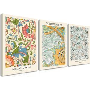 William Morris Vintage Floral Canvas Paintings - Abstract Wall Art Prints Set of 3, 16x24 in Framed, Modern Eclectic Wall Decor for Living Room, Bathroom, Bedroom, Office (Green Flowers)