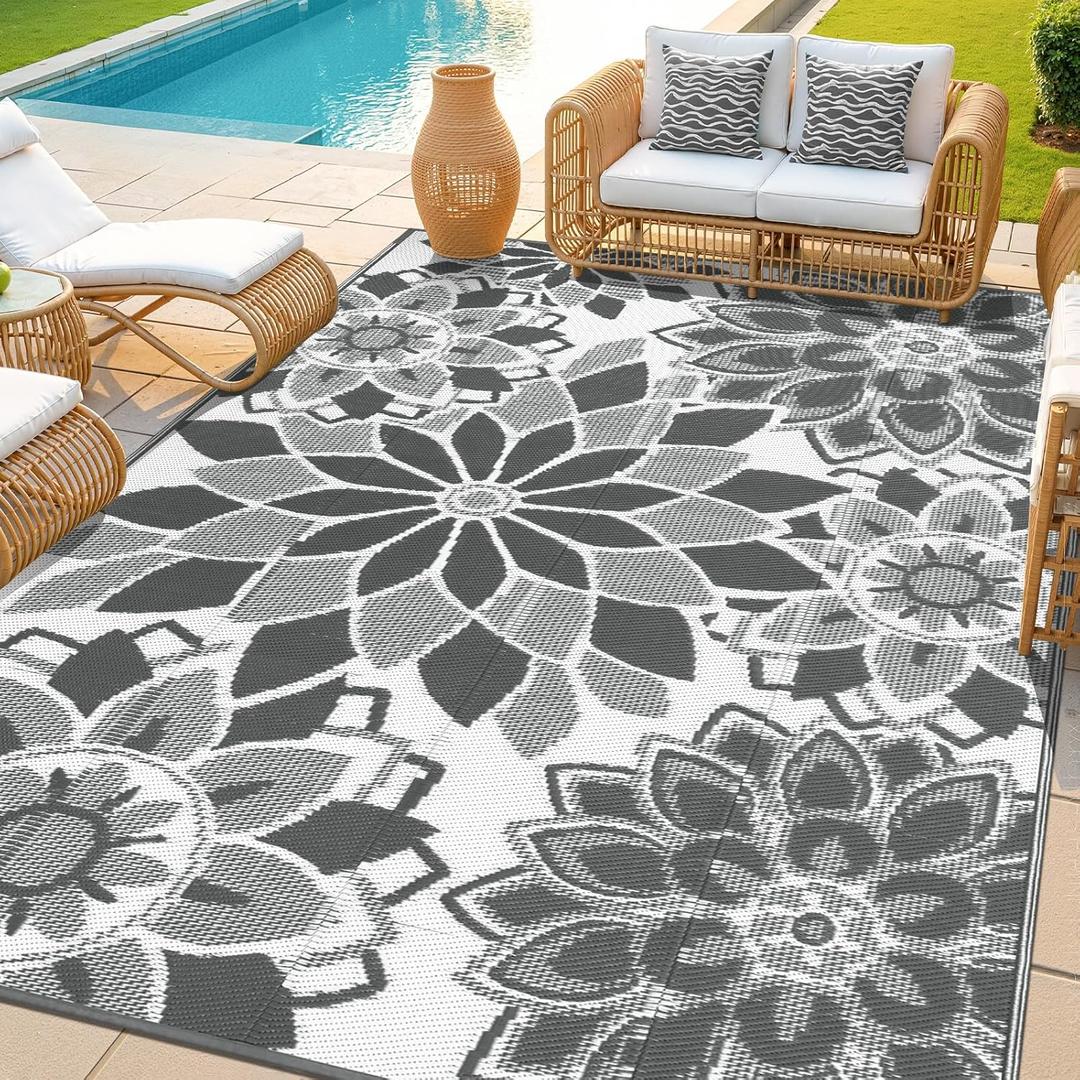 LOKHOM Outdoor Rug for Patio 6x9 ft Reversible Plastic Straw Patio Camping Rug, Floral Waterproof RV Mat for Camper Indoor Outdoor Carpet for Deck Porch Picnic Beach Balcony Backyard, Grey & White