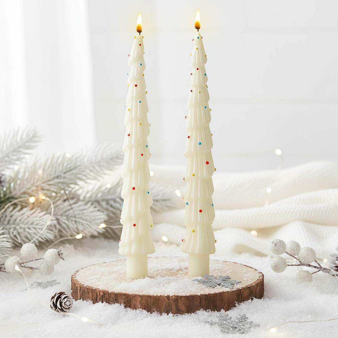 MTLEE Christmas Tree Shaped Taper Candles 10 Inch Unscented Christmas Tree Candles Decorative Aesthetic Xmas Relaxation Gifts for Centerpiece Decorations (Cute,White,2 Pcs)