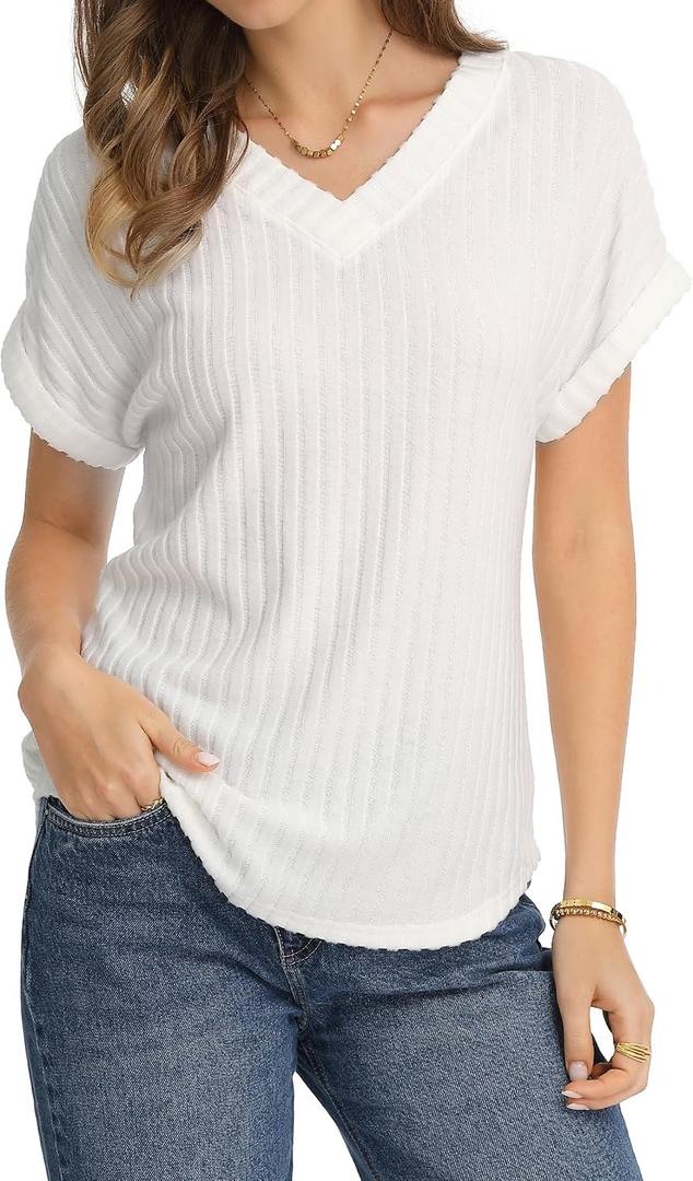QUALFORT Women's V Neck Tops Short Sleeve Loose Fit Ribbed Knit Casual Shirts Spring Summer Blouses Basic Tee 2026 (White, M)