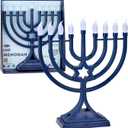 LED Electric Blue Hanukkah Menorah with Special Effects - Battery/USB Powered, Star of David, 4 Lighting/Blinking Modes, Large LED Bulbs, Chanukah Traditional Electric Menorahs - Navy Blue