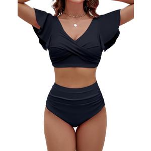 BMJL Women's High Waisted Bathing Suits Tummy Control Two Piece Swimsuits Ruffle Bikini Sets Criss Cross Ruched Swimwear (Medium, Black)