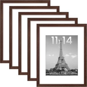 upsimples 11x14 Picture Frame Set of 5, Display Pictures 8x10 with Mat or 11x14 Without Mat, Wall Gallery Photo Frames, Brown