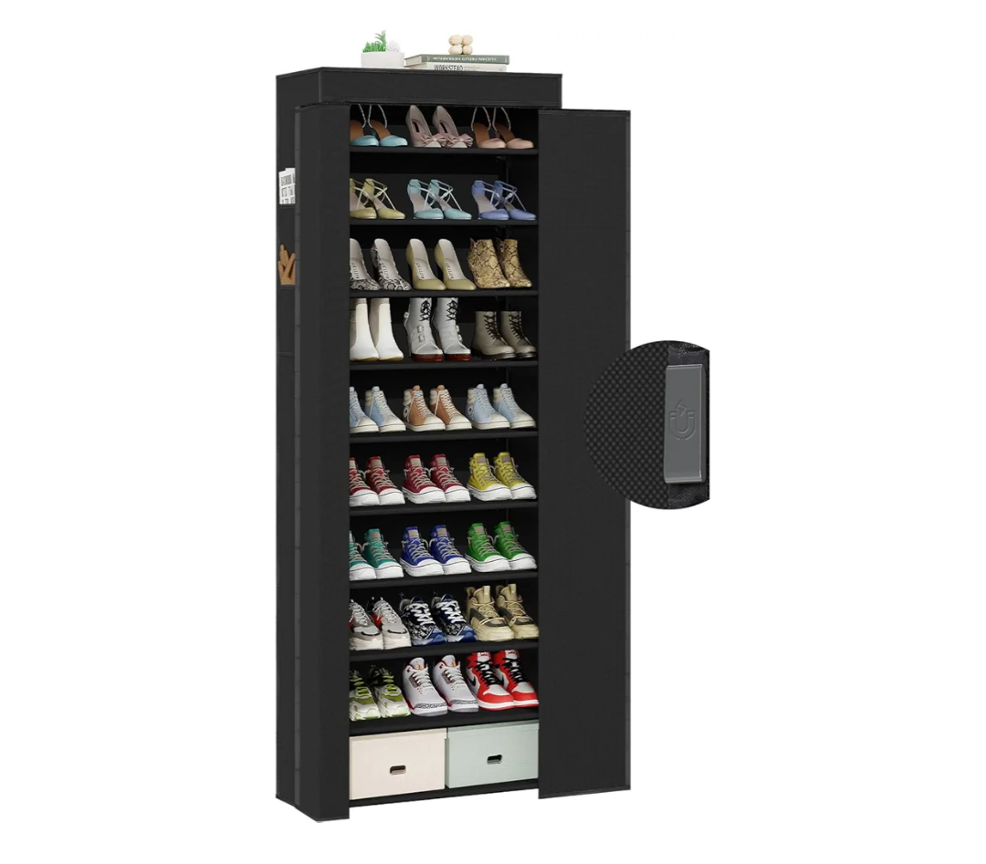 Shoe Rack with Cover, Tall Shoe Rack with Magnetic Closure Cover, 10 Tier Shoe Organizer Storage for 34-37 Pairs Shoes and Boots Large Capacity Shoe Cabinet for Closet, Entryway, Dorm, Garage
