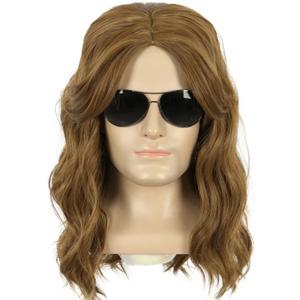 Long Brown Curly 70s 80s Mens Rocker Star Party Wig Heat Resistant Synthetic Fibers Fluffy Breathable Costume Hair