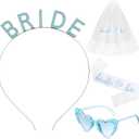 Bride Headband Decorations Set Include Blue White Rhinestone Bridal Headband with Sash Veil and Blue Heart Shaped Sunglasses for Women Bachelorette Party Wedding Bridal Shower Gift