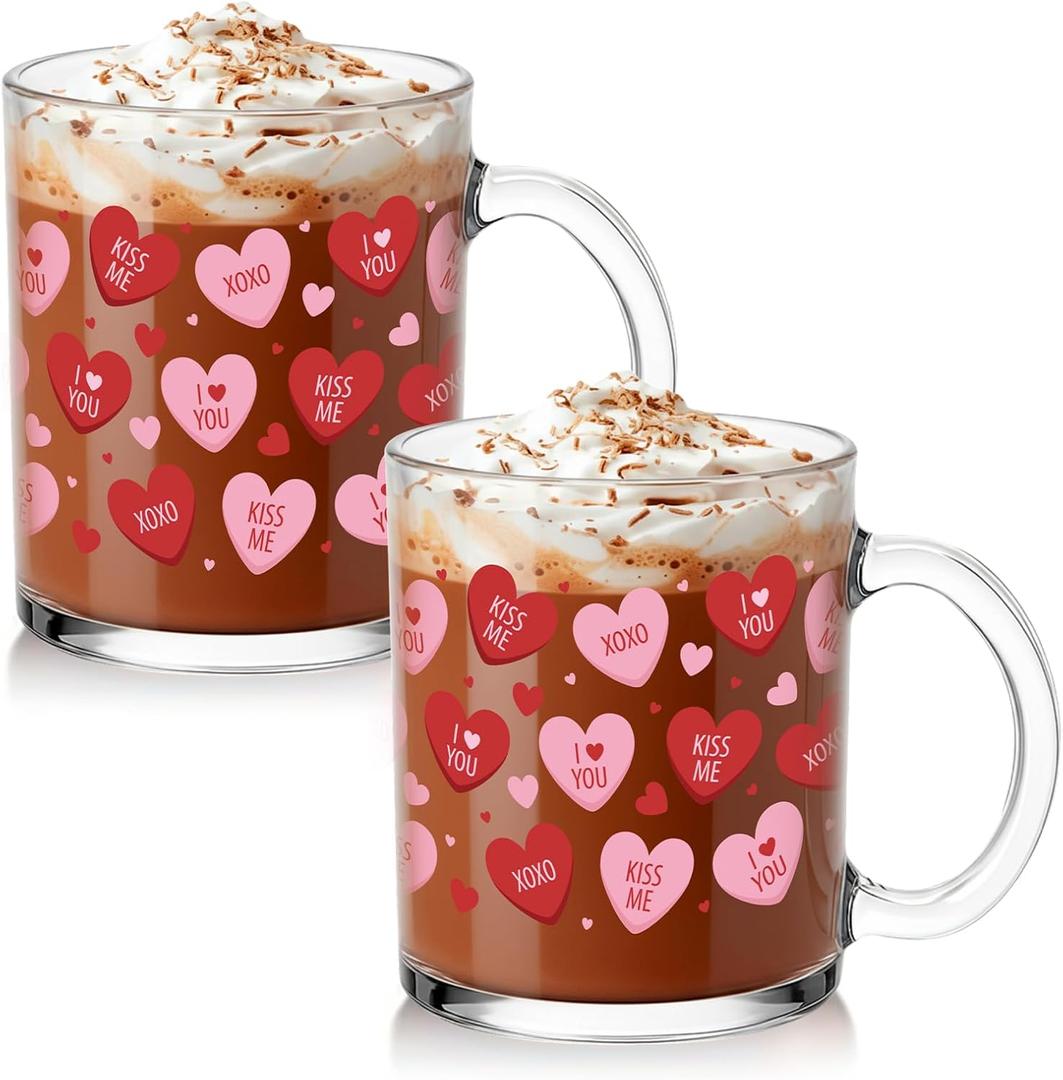 Willinglong 2 Pack Valentine Glass Cups Heart Coffee Mugs Valentines Gifts 12 oz Pink Red Heart Coffee Cup with Handle Bulk Sweet Drinking Mugs for Valentines Wedding Party Drinkware Love Gifts