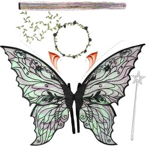 Fairy Wings for Adults and GirlsFairy Costume Set with Floral Garland, Fairy Hair Tinsel, Wand & Elf Ears  29"x21" Organza Butterfly Wings  Ideal for Cosplay, Party, Black
