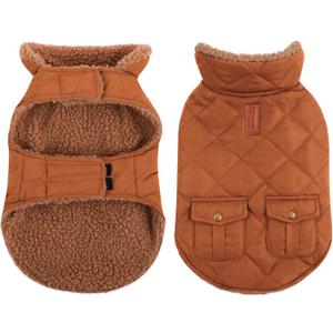 Queenmore Warm Dog Coat, Cold Weather Puffer Dog Jacket with Ultra Thick Plush Lining and Storage Pockets (Brown, Medium)