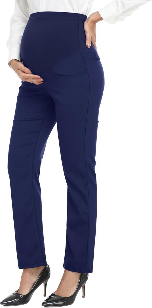 PACBREEZE Women's Maternity Pants for Work Over-Bump Pregnancy Casual Stretchy Straight Dress Pants with Pockets, L