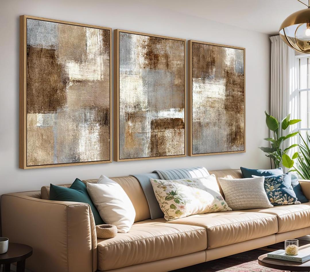 Large Abstract Framed Wall Art, Modern Brown Canvas Pictures, 32"X48"X3, 32" X 48" X 3pieces Framed