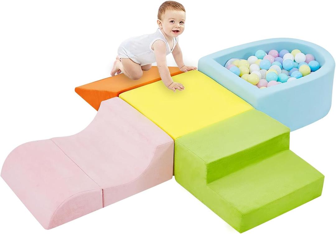 5-Piece Climbing Toys for Toddlers, Toddler Climbing Toys Indoor with Foam Ball Pit (Balls not Included), Soft Foam Climbing Blocks Set Indoor Play Gym for Crawling and Sliding (Orange/Yellow)
