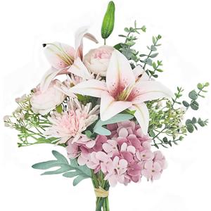 Artificial Fake Faux Flowers Silk Flower Arrangements Bouquets with Lilies, Buttercup, Hydrangea, Chrysanthemum, babysbreaths (Pink)p, And Vase