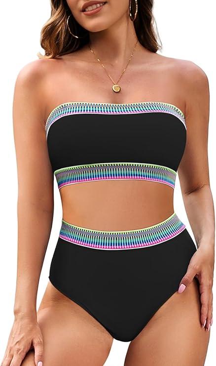 Pink Queen Tube Top Bikini Sets for Women Removable Strap Pad Color Block Two Piece Swimming Suit Swimwear, Size L