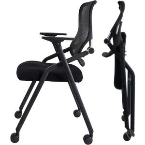 PRO, Stackable & Foldable Conference Room Chairs with 2X Thick Cushion, Lumbar Support, Armrest - Mesh Bouncing Back for Office Meeting, Conference, Training Room Chair 1 Pack (Black)