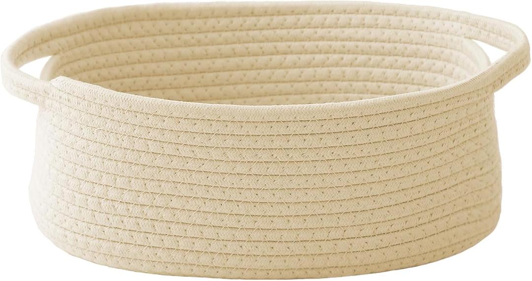Woven Basket,Small Rope Storage Bin with Handles & Ribbon Bag, Organizer for Shelves Closets,Gift Basket Empty for Birthday,Books,Dog Toys,Beige (1 Pack)