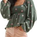 Women Floral Embroidered Blouses Long Lantern Sleeve Smocked Top Y2k Square Neck Babydoll Shirts Vintage Flowy Tops (Large, Dark Green)