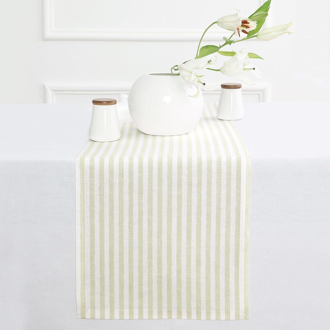 3Pcs Solino Home Linen Table Runner 36 Inches - Amalfi Stripe 100% Pure Linen Sage and White Farmhouse Table Runner (2-36×26") (1-50×17")