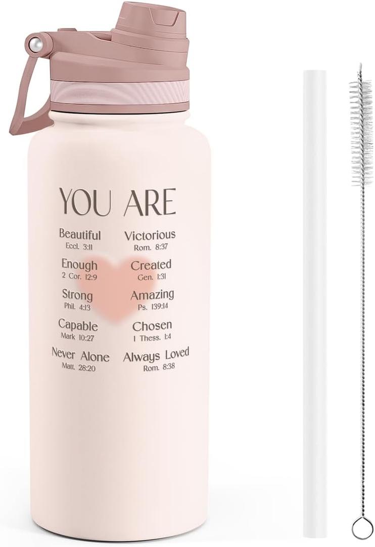 Christian Stainless Steel Water Bottle with Strap 32oz, Insulated Bottles with Straw and Spout Lid for Gym Sports Travel Outdoor, Gifts for Women Girls Birthday Christmas