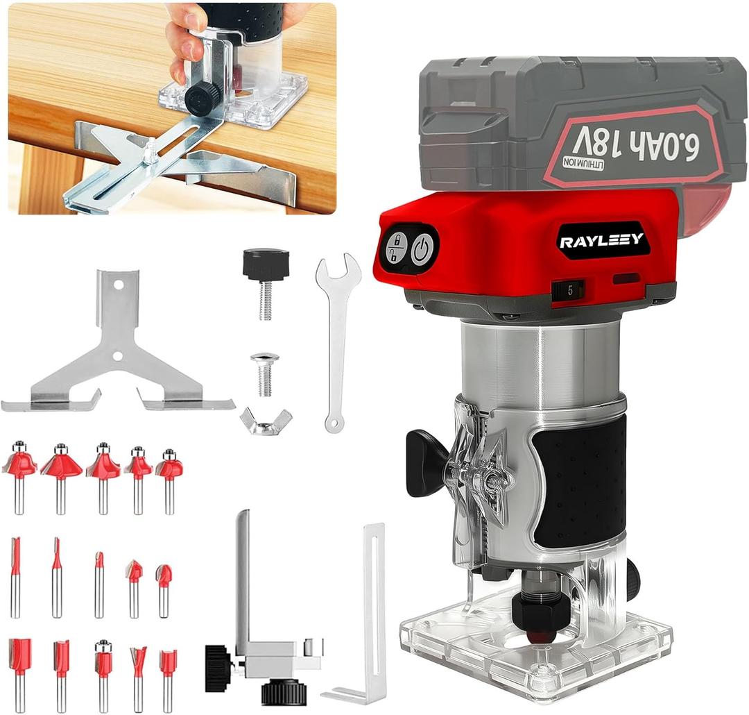 Cordless Wood Router Trimmer Compatible With MILWAUKEE 18V Battery, 800W 30000 RPM Brushless Motor Hand Palm Router with 15pcs 1/4"Shank Router Bits for Woodworking, Slotting(NO Battery)