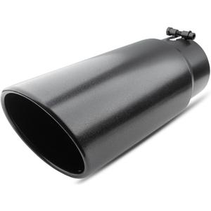 5 inch Inlet Exhaust Tip, 6" Outlet 15" Overall Length Stainless Steel Exhaust Tail Pipe, Bolt-On, Rolled Edge, Slant Sleek Angle Cut, Polished Tailpipe, Black