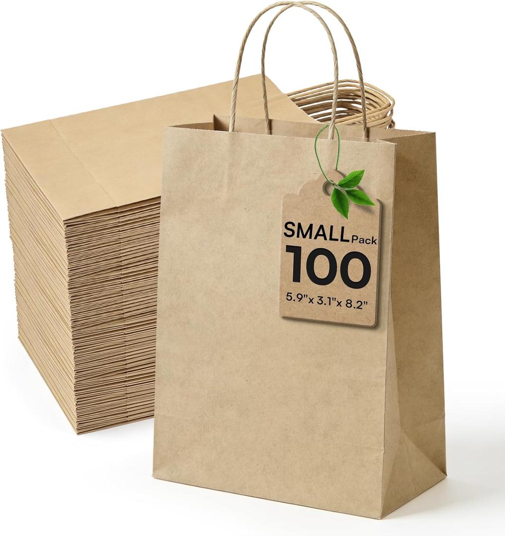 Small Paper Gift Bags with Handles Brown Paper Bags 100 pcs 5.9"x3.1"x8.2",Sturdy Small Gift Bag Bulk Kraft Wrap Shopping Bags for Small Business Retail Merchandise Wedding Birthday Goodie Party Favor