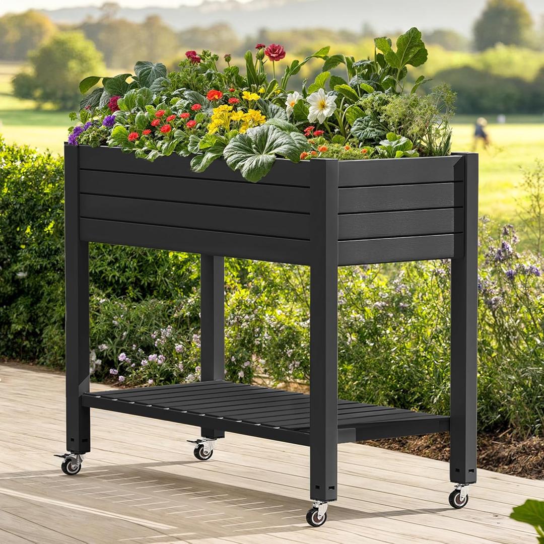 DWVO Raised Garden Bed Kit, 3.6 x 1.5 x 2.8 FT Outdoor Plastic Planter Box with Wheels and Legs, Garden Box with Drain Plug & Storage Shelf for Planting Vegetables, Flowers, and Herbs, Black
