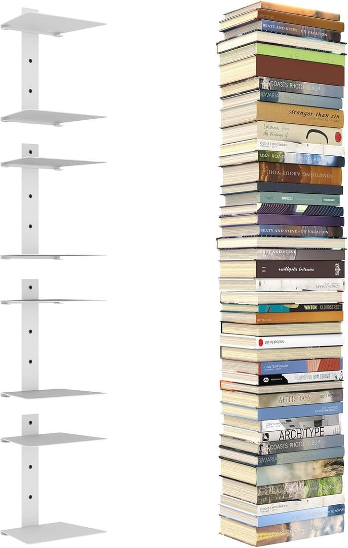 Invisible Floating Bookshelves for Wall, 8 Tier Vertical Spine Book Tower, Heavy Duty Floating Book Shelves Metal Book Organizers for Home Office, 4 Pack(White) (4PC-8 Tier)