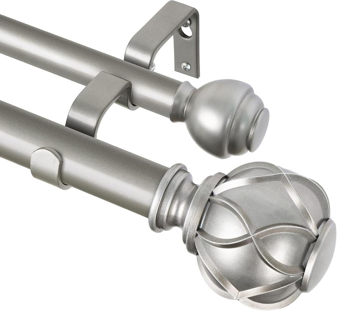 KAMANINA 1 Inch Double Curtain Rods for Windows 36 to 72 Inches (3-6 Feet), Silver Heavy Duty Double Curtain Rod, Telescoping Drapery Rod with Netted Texture Finialss