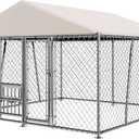 Lyromix 10 x 10FT Large Outdoor Dog Kennel with Bowls, Dog Kennel Outside with Waterproof Cover Roof, Galvanized Heavy Duty Chain Link Dog Runs Cage Playpen for Outside with Secure Lock