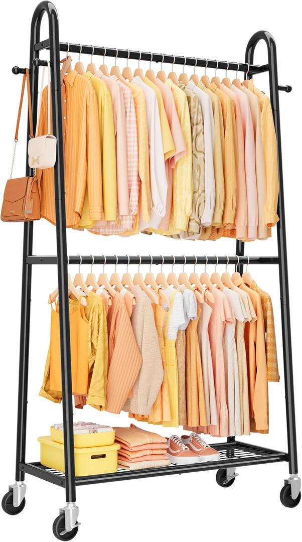 Sakugi Heavy Duty Clothes Rack, Metal Clothing Rack with Double Hanging Rods, 4 Hooks & Mesh Shelf, Freestanding Garment Rack with Triangular Design for Bedroom Closet, 36.5" x 16.9" x 72.8", Black