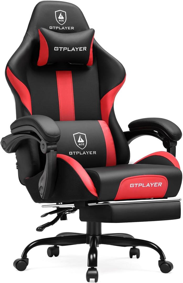 GTRACING Gaming Chair with Foot Rest & Pocket Spring Cushion, Ergonomic High Back Computer Chair with Headrest & 360-Swivel Seat for Home Office Desk, PU Leather, Red