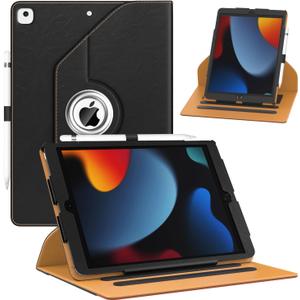 for New iPad 9th/ 8th/ 7th Generation Case, iPad 10.2 Case, 360 Degree Rotating Multi-Angle Viewing Stand, Leather Cover with Pencil Holder for iPad 10.2 inch 2021/2020/ 2019 - Black/Brown