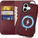 SHIELDON Genuine Leather 2 in 1 Wallet Case for iPhone 17 6.3-inch 2025 | Detachable | Wireless Charging | RFID Blocking Card Slot | Kickstand | Shockproof | Magnetic Cover | Wine Red