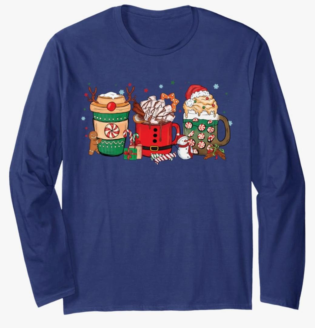 Christmas Hot Chocolate Cup Peppermint Mocha Long Sleeve T-Shirt, L