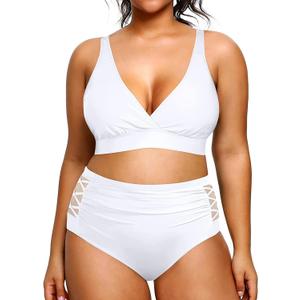 Yonique Womens Plus Size Bikini High Waisted Swimsuits Two Piece Bathing Suits Tummy Control Swimwear (White) L