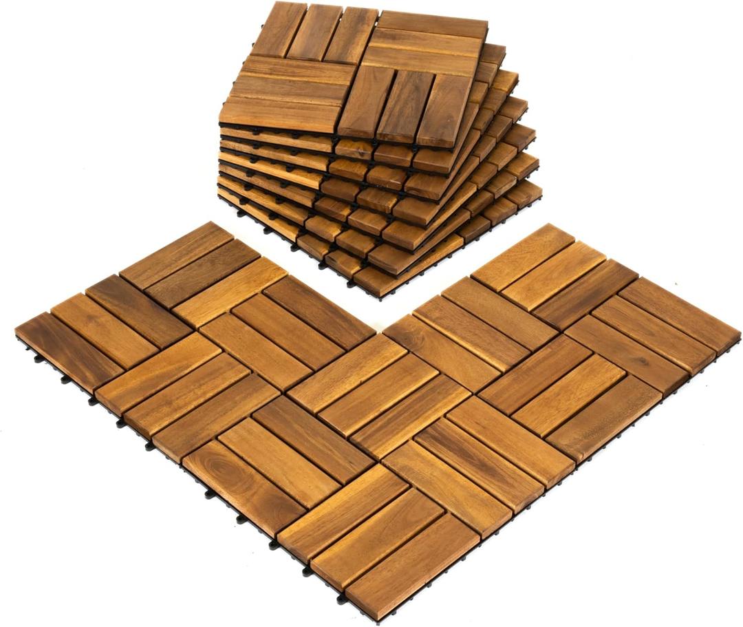 Pack of 10 Deck Tiles - 12"x12" Interlocking Natural Solid Acacia Wood for Outdoor & Indoor, Patio Garden, Balcony, Poolside - Natural Color