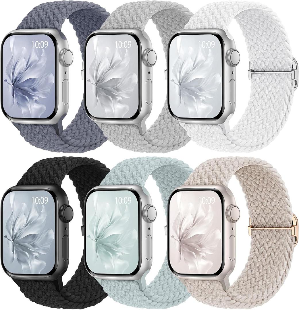 6 Pack Braided Stretchy Bands Compatible with Apple Watch Band 38mm 40mm 41mm  Women Men, Adjustable Nylon Solo Loop Elastic Straps for iWatch Series 11 10 9 8 7 6 5 4 SE Ultra (Black/White/Starlight/Titan Gray/Blue Gray/Succulent)