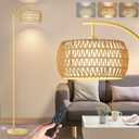 Yusist Arc Floor Lamp for Living Room,Farmhouse Floor Lamps with Remote Control & Dimmable Bulb,Gold Boho Rattan Tall Standing Lamp for Bedroom Office