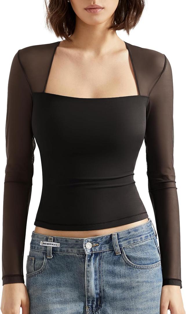 SUUKSESS Women Sexy Mesh Long Sleeve Tops Trendy Square Neck Going Out T Shirts (Medium, Black)