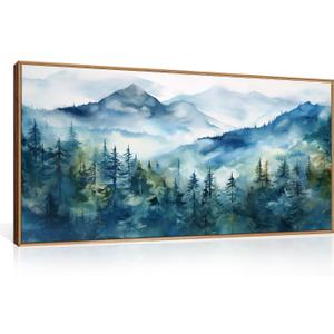Blue Ridge Mountains Forest Framed Canvas Wall Art Set, Natural Landscape Wall Decor, Green Pine Trees Wall Painting, Woodland Artworks for Living Room, Bedroom, Dining Room - 20"x40"