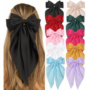 DTERSE Hair Bows for Women Big Bows Hair Accessories for Womens Girls 10PCS, Valentine's Day Hair Bows for Women Cute Oversized Bow Hair Clips with Long Tails, Silky Satin Ribbon Bows for Hair (Multicolor)
