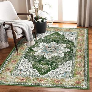 Ileading Bohemian Vintage Area Rug 3x5ft, Machine Washable Low-Pile Accent Carpet, Non-Shedding Non-Slip Entryway Floor Throw Rugs for Living Room, Bedroom, Dining Room, Kids Playroom(Green)