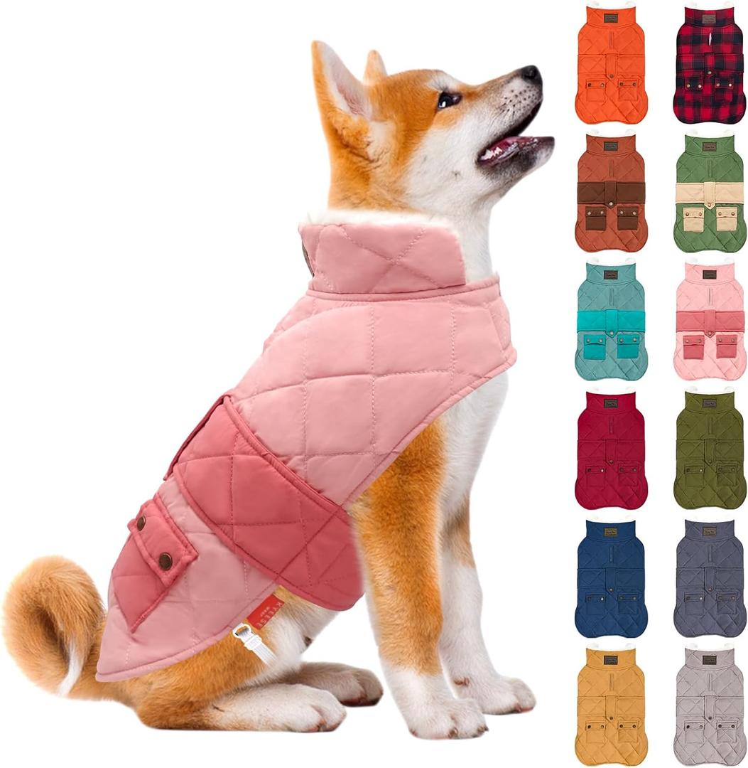 KYEESE Dog Coat Thick Cat Clothes with Pocket Warm Pet Winter Puffer Coat with Leash Hole Soft Pet Sweater for Cold Weather Windproof Dog Coats for Small Dogs Waterproof Dogs Jacket with Fleece Lined (04# Pink)