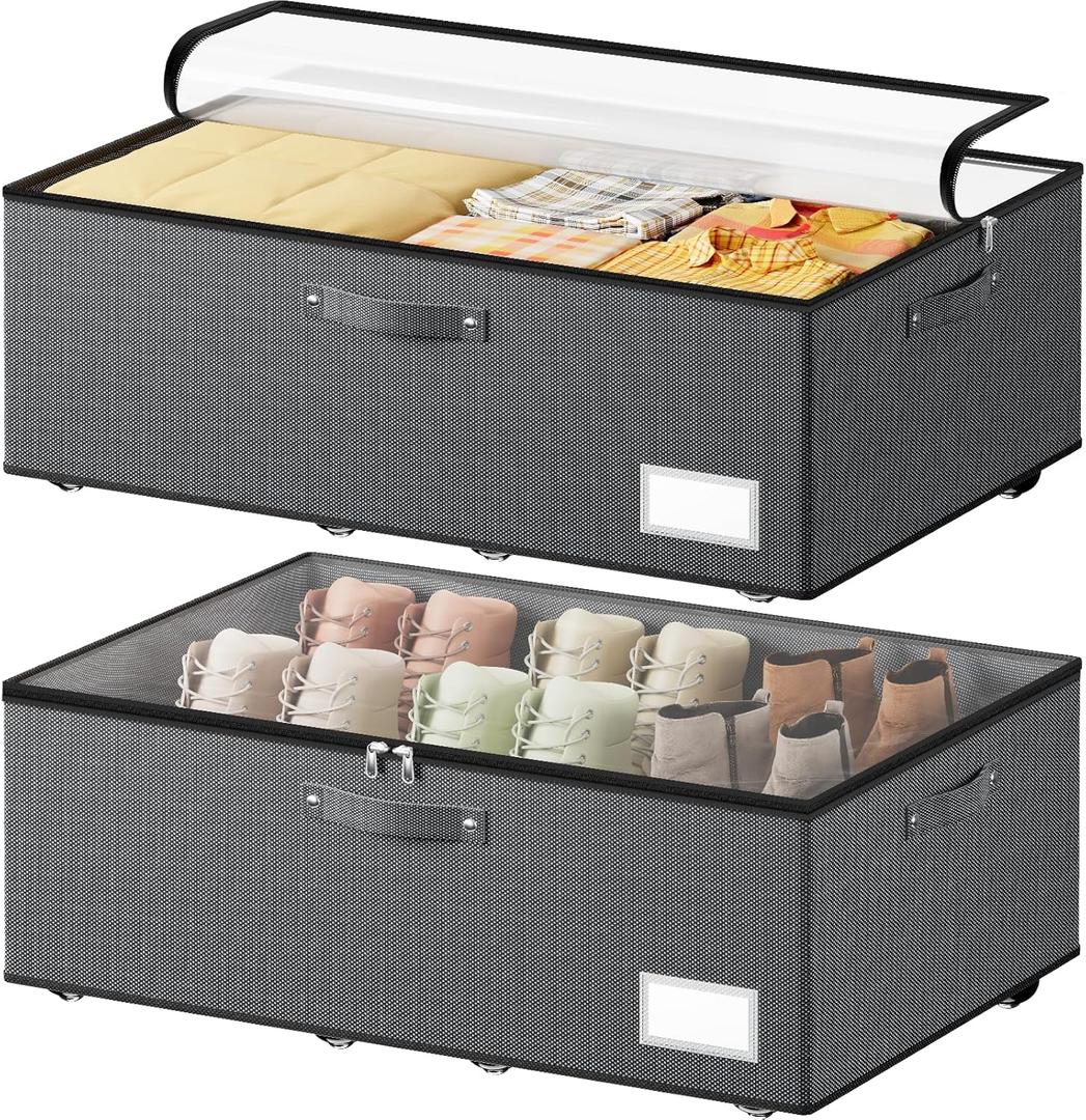 Dayacoco Underbed Storage with Wheels, 2 Pack Under Bed Storage Containers with Clear Lids, No Assembly Required 10.1 inch Rolling Under Bed Storage for Clothes, Grey